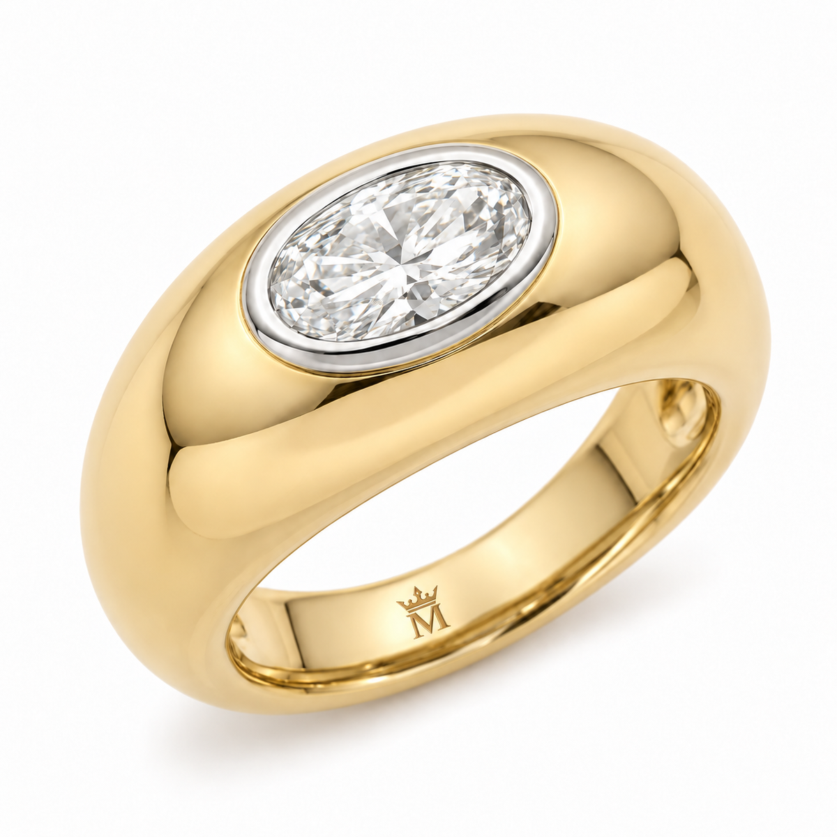 A sculptural yellow gold dome holds a horizontally set 0.50 carat oval lab-grown diamond in a contrasting white gold bezel. The polished two-tone form creates a bold silhouette for everyday styling. AI-edited crown-M engraving concept inside the lower band; engraving and scale are illustrative.