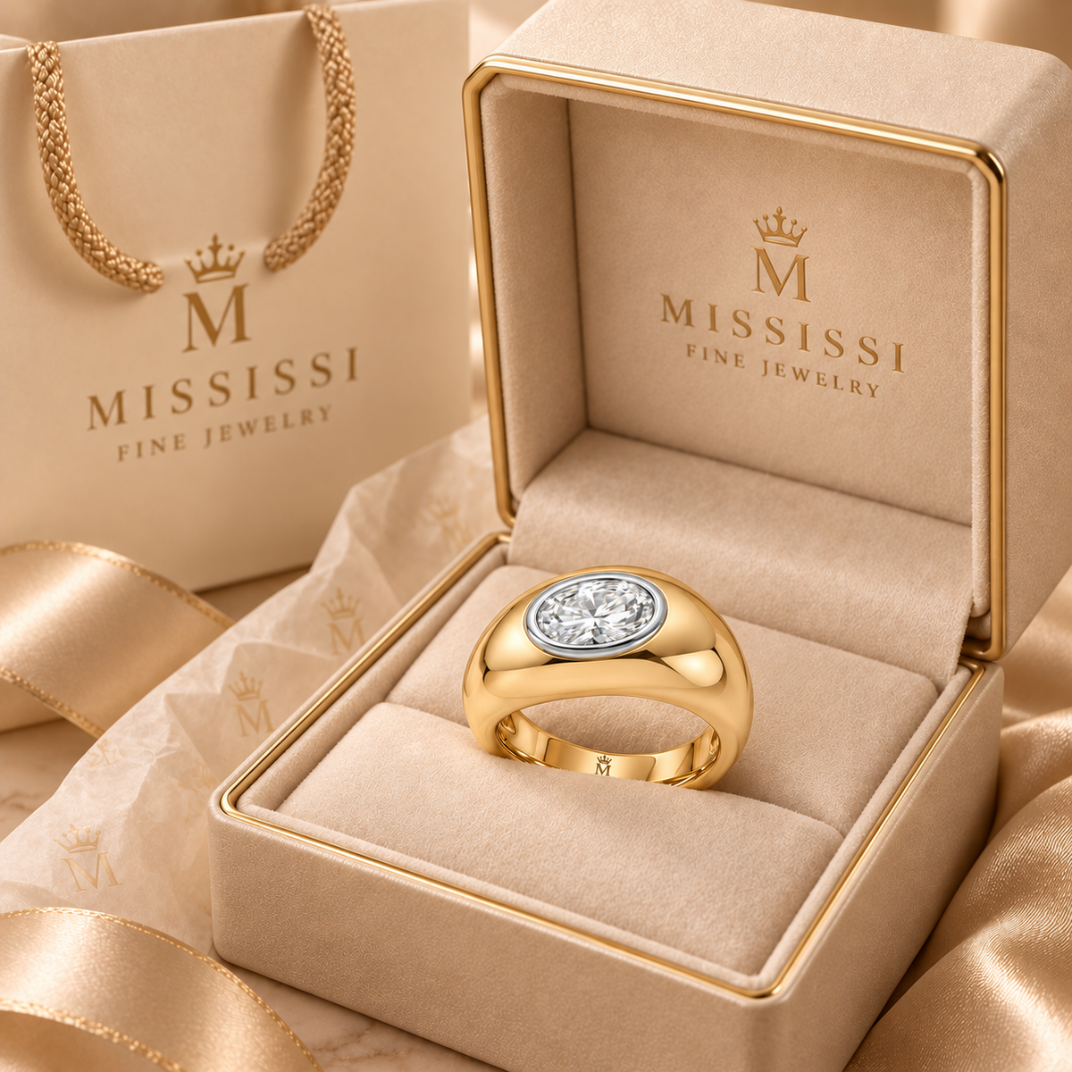 Duet jewelry presented in champagne beige MISSISSI Fine Jewelry gift packaging. AI-edited crown-M engraving concept inside the lower band; engraving and scale are illustrative.