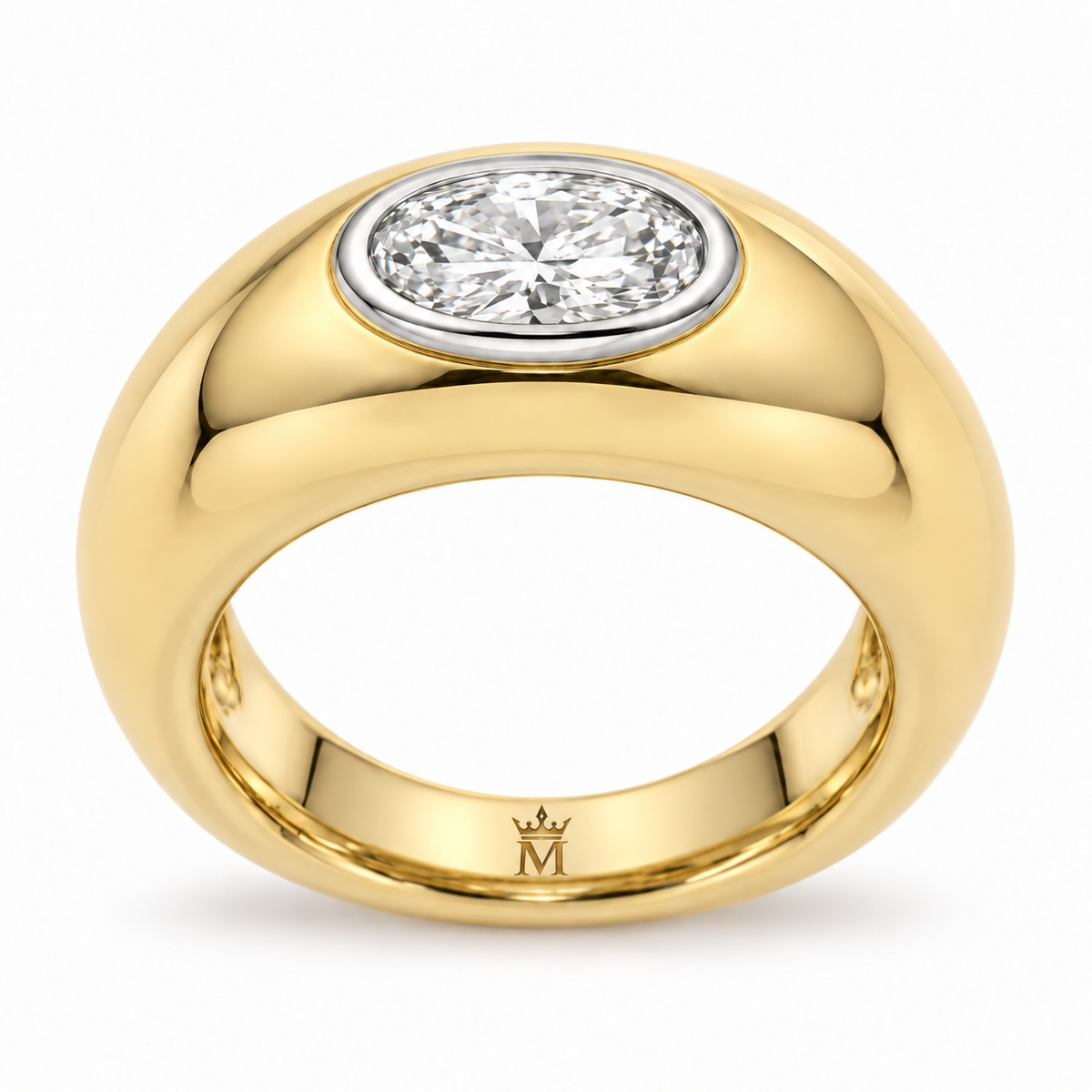 MISSISSI duet sculptural ring profile view. AI-edited crown-M engraving concept inside the lower band; engraving and scale are illustrative.