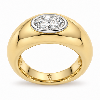 MISSISSI duet sculptural ring profile view. AI-edited crown-M engraving concept inside the lower band; engraving and scale are illustrative.