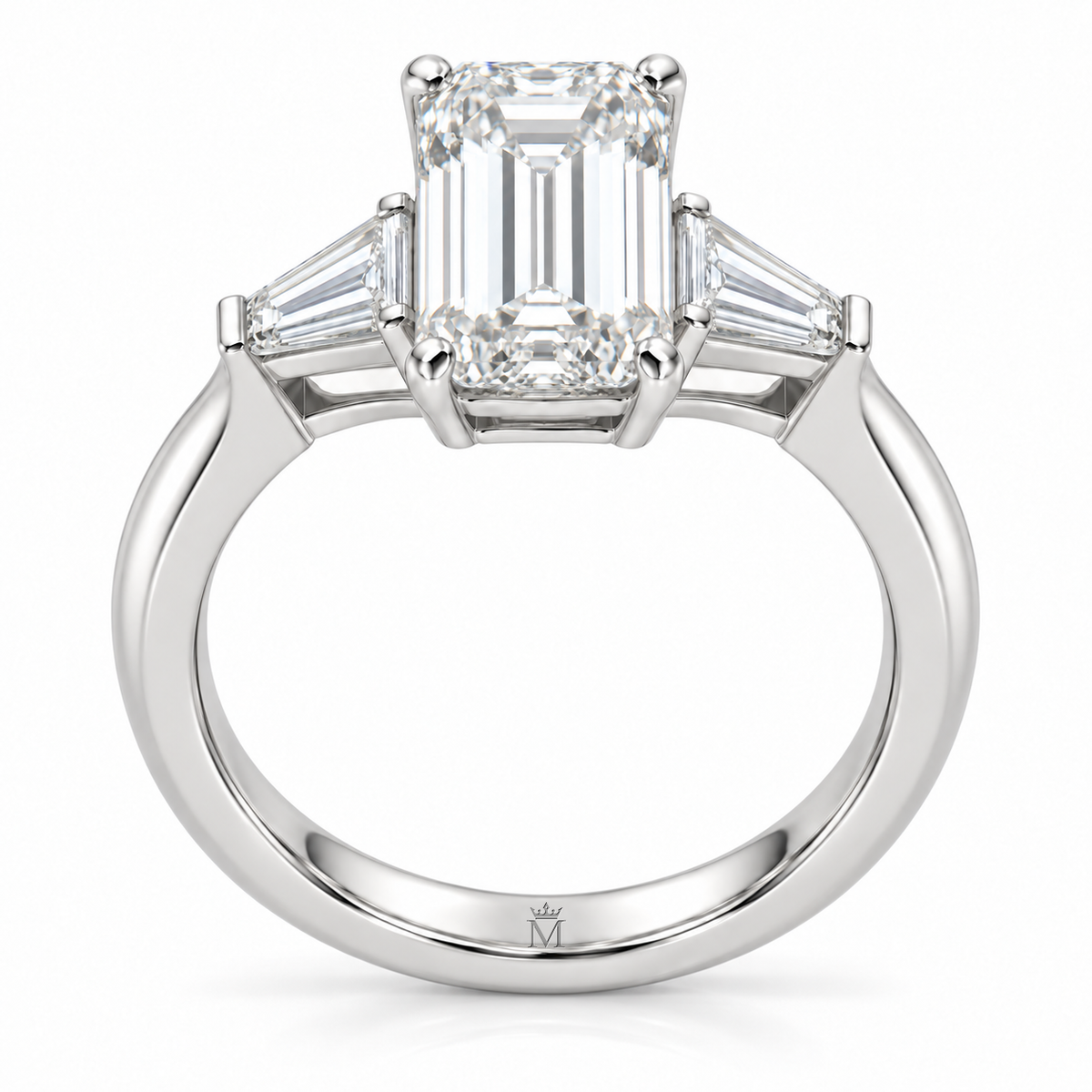 AI-generated design concept of an emerald cut ring, front. Illustrative geometry and scale; not a manufactured product photograph. Crown-M engraving design is shown inside the lower band; engraving is illustrative.