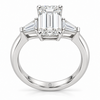 AI-generated design concept of an emerald cut ring, front. Illustrative geometry and scale; not a manufactured product photograph. Crown-M engraving design is shown inside the lower band; engraving is illustrative.