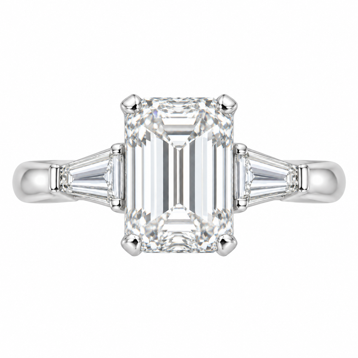 AI-generated design concept of an emerald cut ring, top. Illustrative geometry and scale; not a manufactured product photograph.