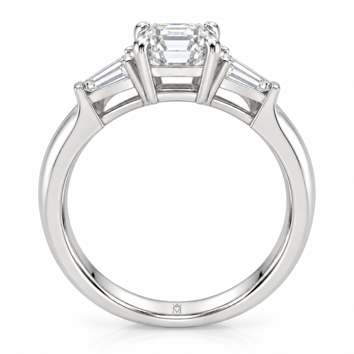 AI-generated design concept of an emerald cut ring, side. Illustrative geometry and scale; not a manufactured product photograph. Crown-M engraving design is shown inside the lower band; engraving is illustrative.