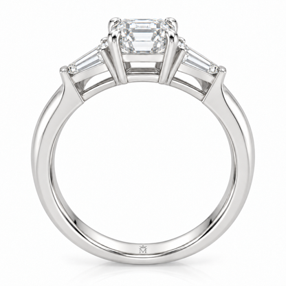 AI-generated design concept of an emerald cut ring, side. Illustrative geometry and scale; not a manufactured product photograph. Crown-M engraving design is shown inside the lower band; engraving is illustrative.