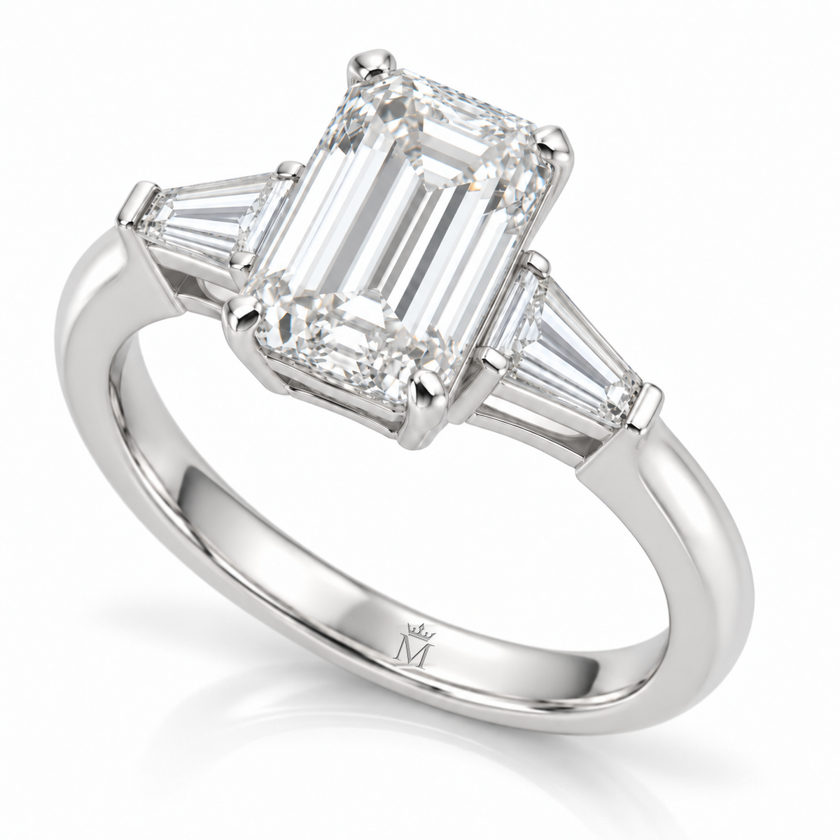 AI-generated design concept of an emerald cut ring, opposite three quarter. Illustrative geometry and scale; not a manufactured product photograph. Crown-M engraving design is shown inside the lower band; engraving is illustrative.
