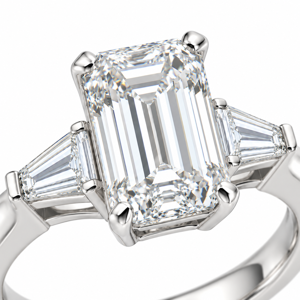 AI-generated design concept of an emerald cut ring, macro. Illustrative geometry and scale; not a manufactured product photograph.