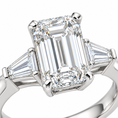 AI-generated design concept of an emerald cut ring, macro. Illustrative geometry and scale; not a manufactured product photograph.
