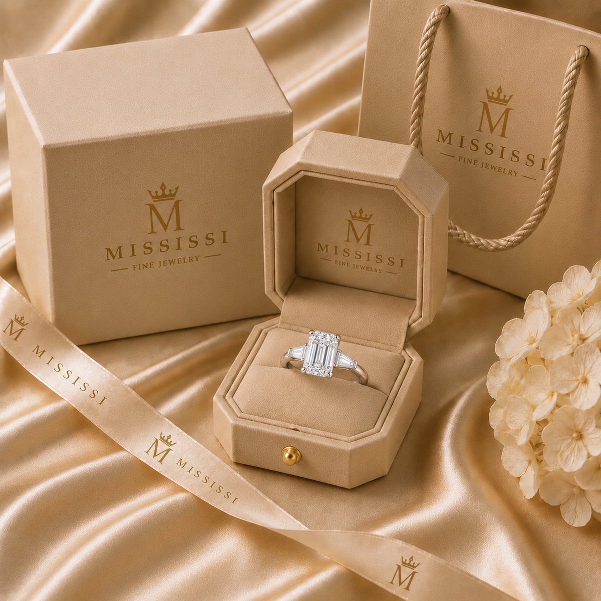 AI-generated packaging illustration of an emerald cut prong-set center with two tapered baguette side stones ring in a champagne MISSISSI ring box with gift box and shopping bag.