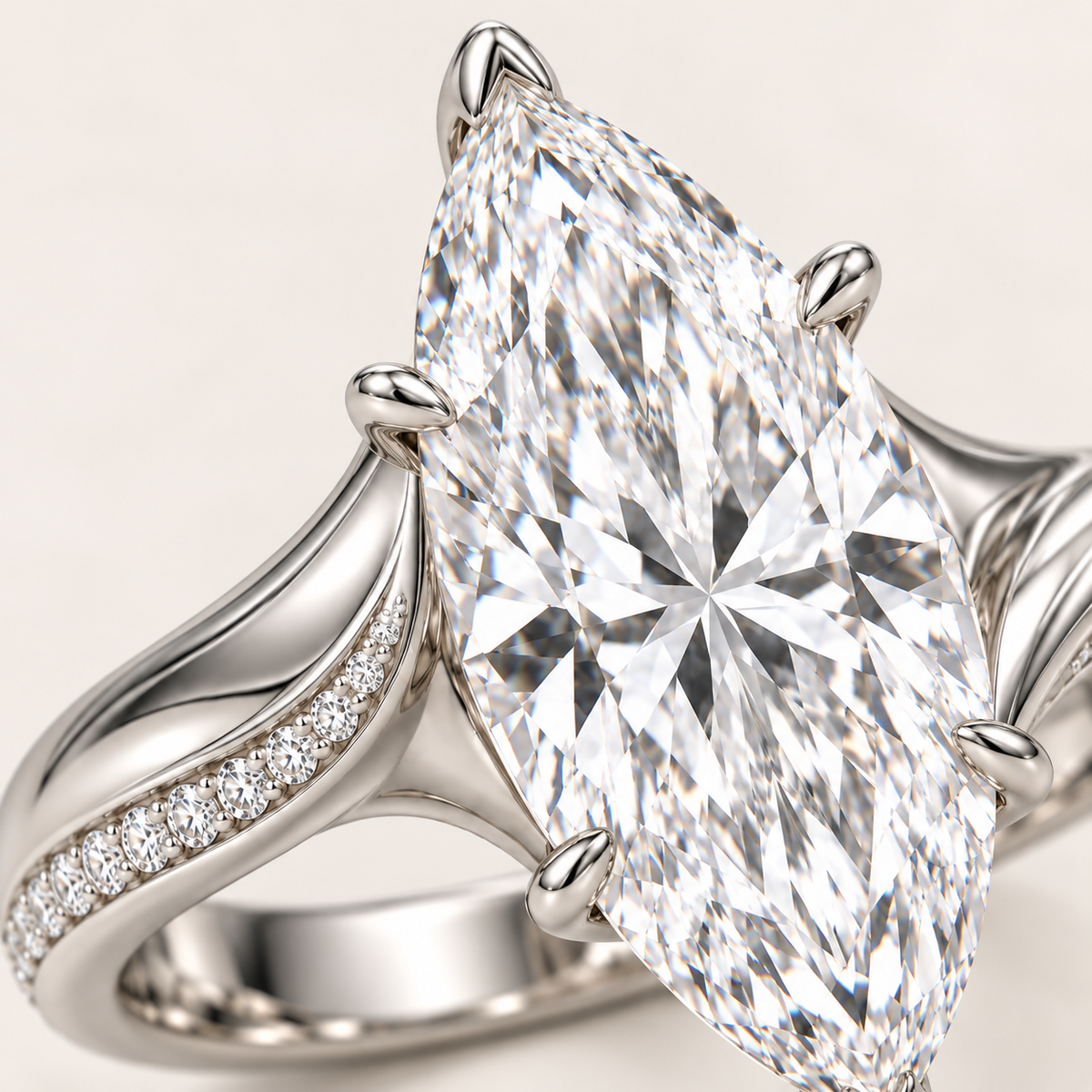 AI design preview close-up of Liquid Crest marquise diamond, protective V-tip and pavé shoulder edge