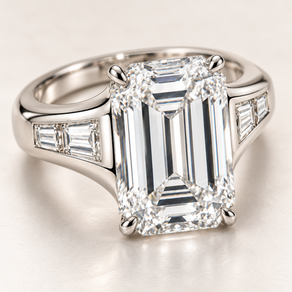 AI design preview close-up of Soft Terrace emerald-cut center and two step-cut diamonds in each shoulder