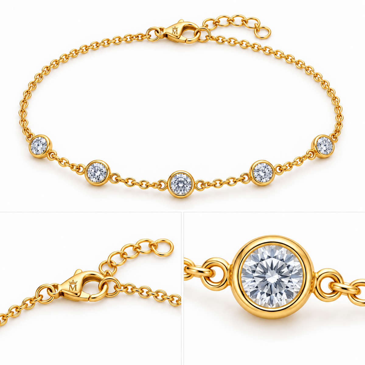 Three view detail sheet of Constellation jewelry showing front, side and close detail. AI-edited crown-M engraving concept on the clasp shell in the overview and clasp detail; engraving is illustrative.