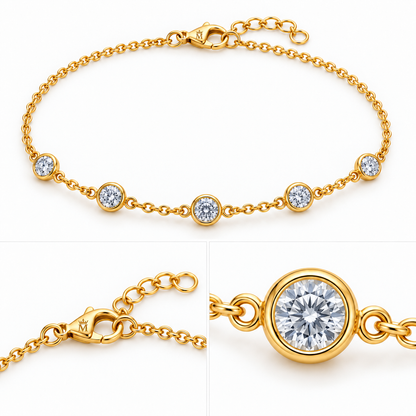 Three view detail sheet of Constellation jewelry showing front, side and close detail. AI-edited crown-M engraving concept on the clasp shell in the overview and clasp detail; engraving is illustrative.