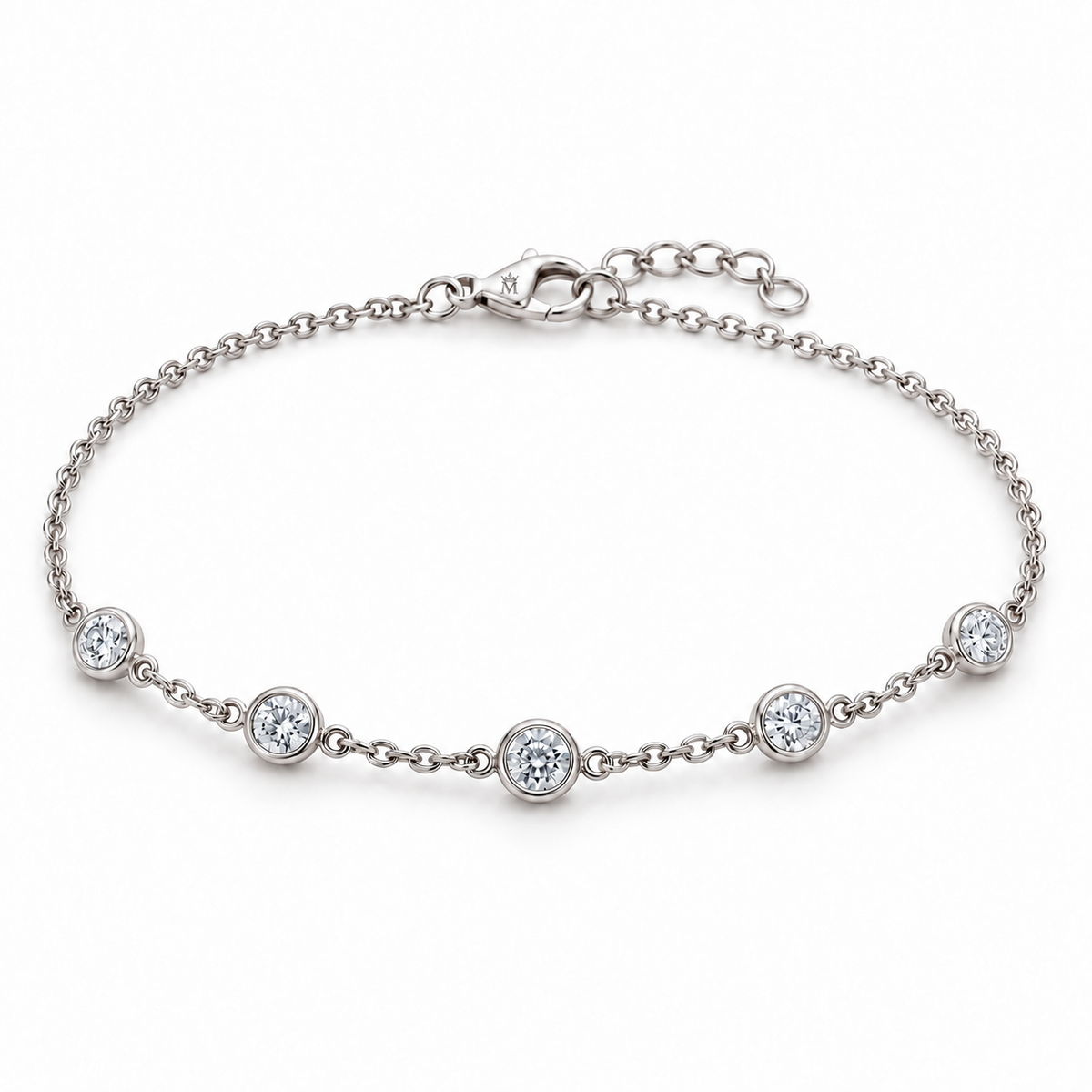 MISSISSI constellation station bracelet in 14K white gold. AI-edited crown-M engraving concept on the existing lobster clasp shell; engraving and scale are illustrative.