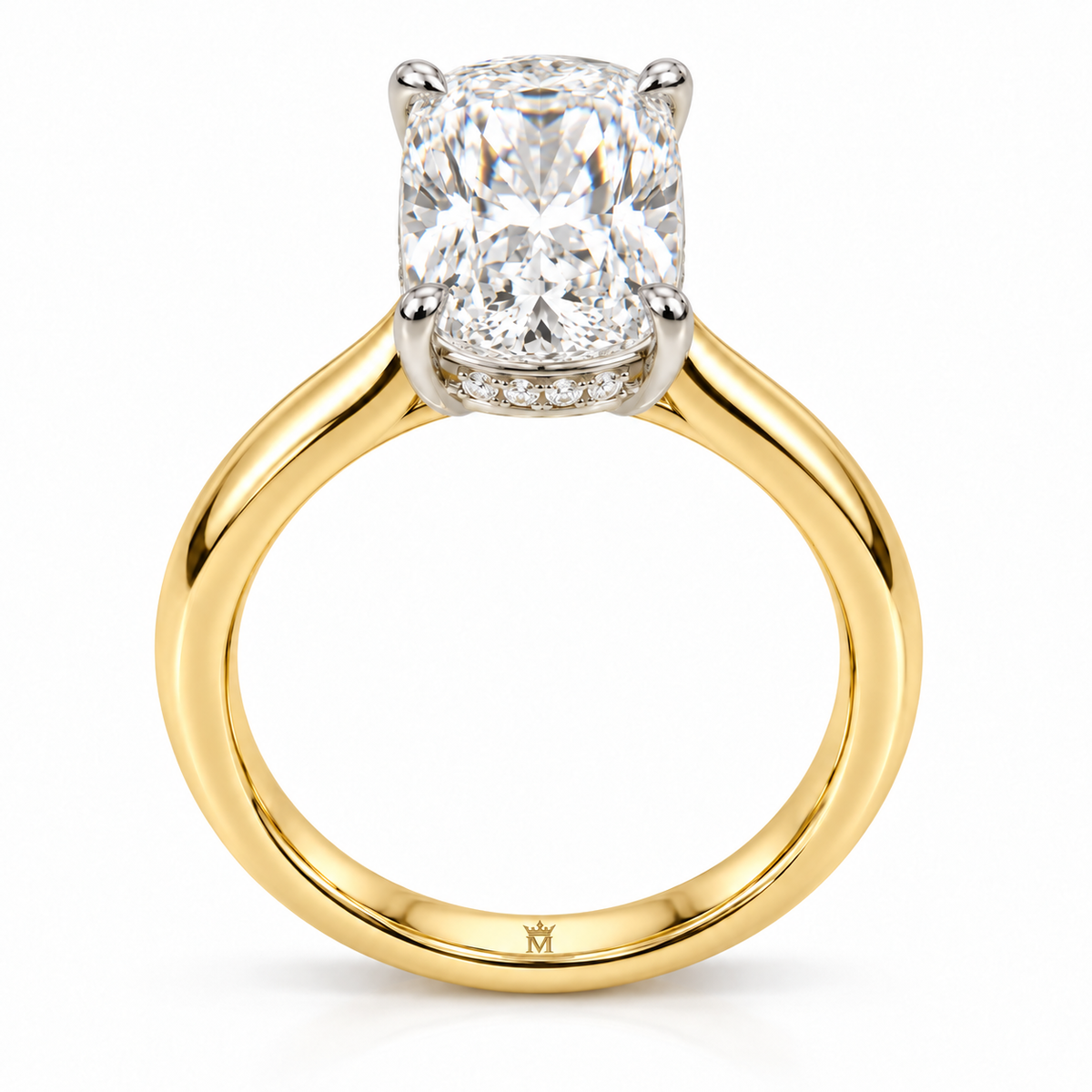 AI-generated design concept of an elongated cushion brilliant ring, front. Illustrative geometry and scale; not a manufactured product photograph. Crown-M engraving design is shown inside the lower band; engraving is illustrative.