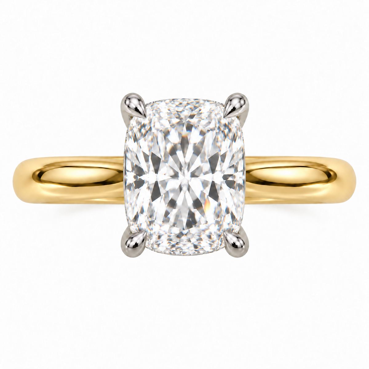 AI-generated design concept of an elongated cushion brilliant ring, top. Illustrative geometry and scale; not a manufactured product photograph.