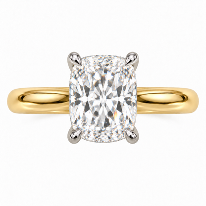 AI-generated design concept of an elongated cushion brilliant ring, top. Illustrative geometry and scale; not a manufactured product photograph.