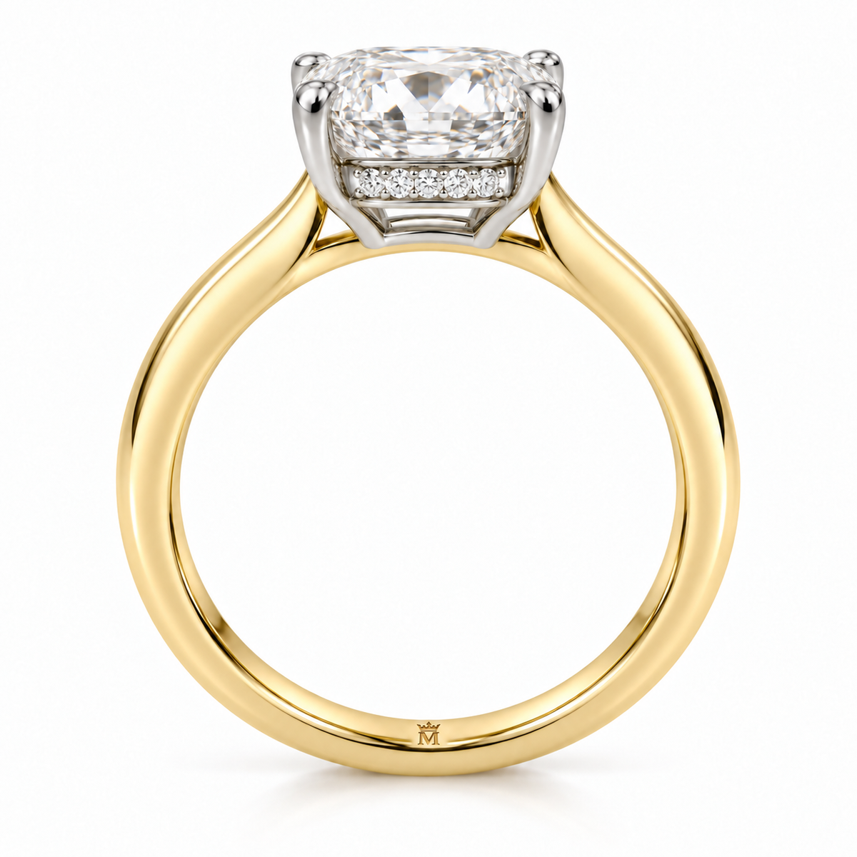 AI-generated design concept of an elongated cushion brilliant ring, side. Illustrative geometry and scale; not a manufactured product photograph. Crown-M engraving design is shown inside the lower band; engraving is illustrative.