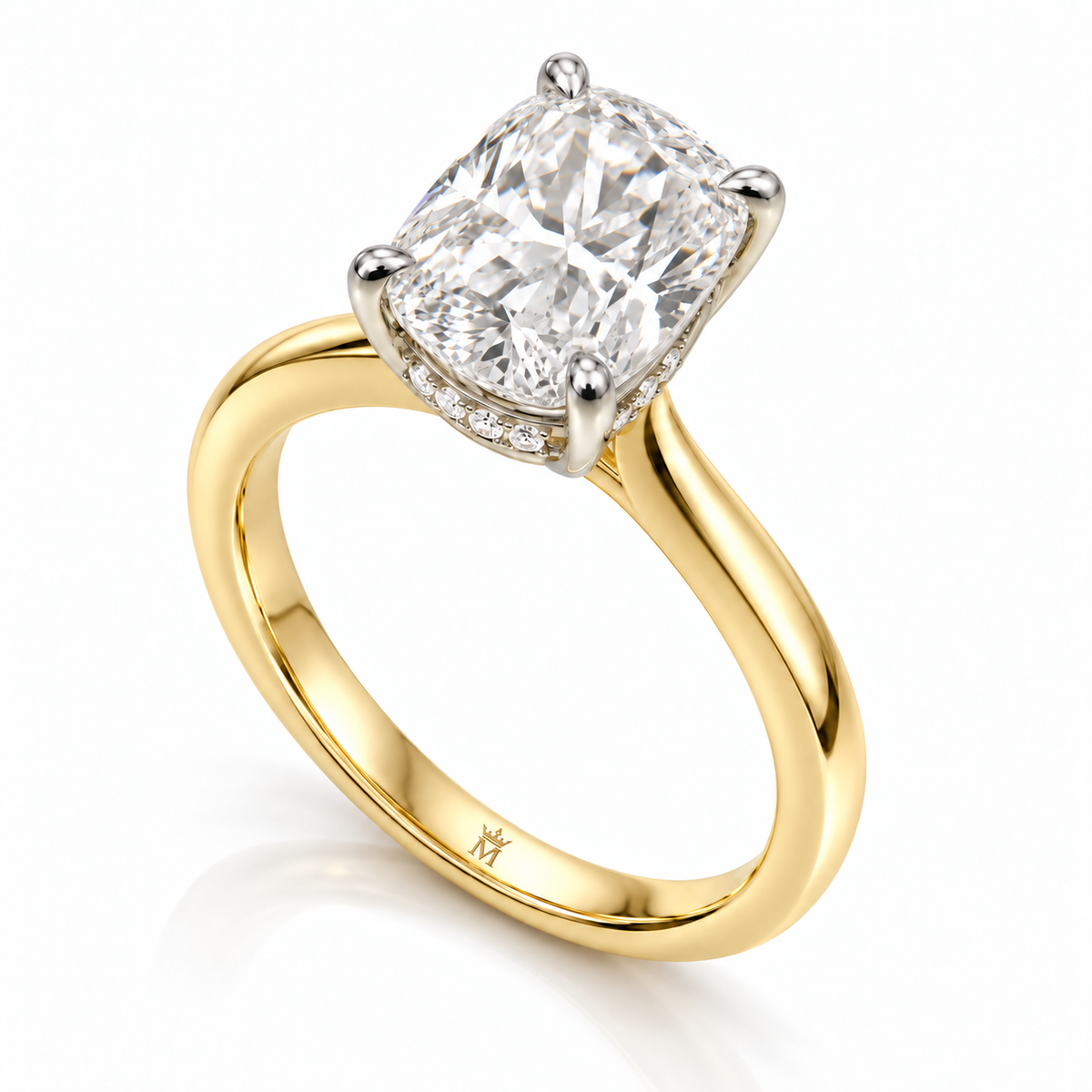 AI-generated design concept of an elongated cushion brilliant ring, opposite three quarter. Illustrative geometry and scale; not a manufactured product photograph. Crown-M engraving design is shown inside the lower band; engraving is illustrative.