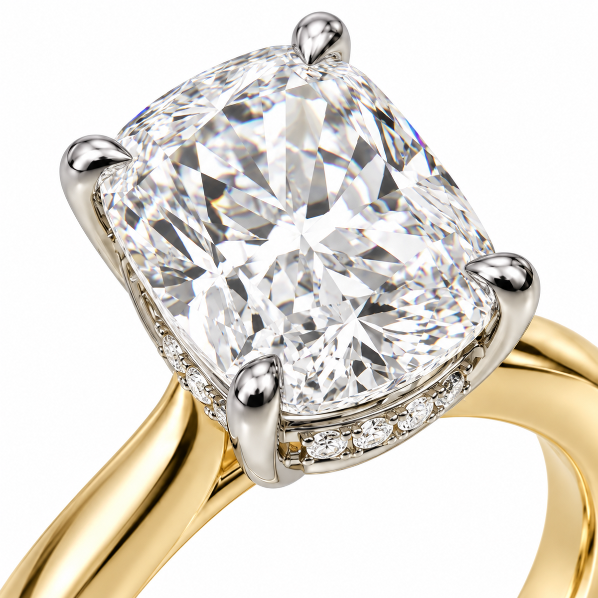 AI-generated design concept of an elongated cushion brilliant ring, macro. Illustrative geometry and scale; not a manufactured product photograph.