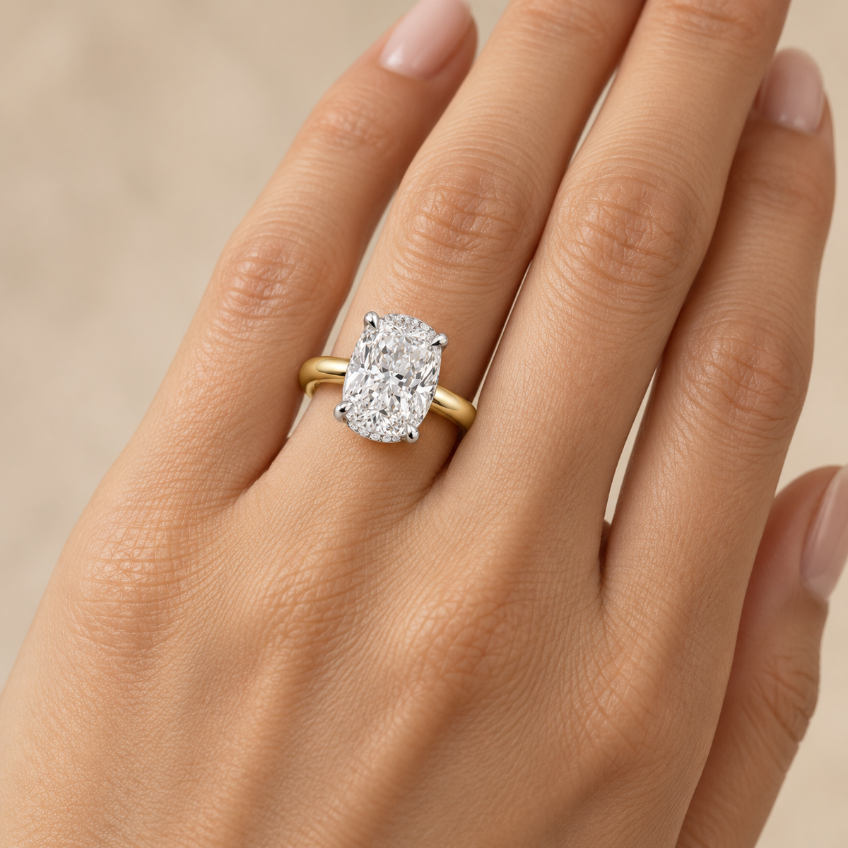 AI-generated design concept of an elongated cushion brilliant ring, on hand. Illustrative geometry and scale; not a manufactured product photograph.