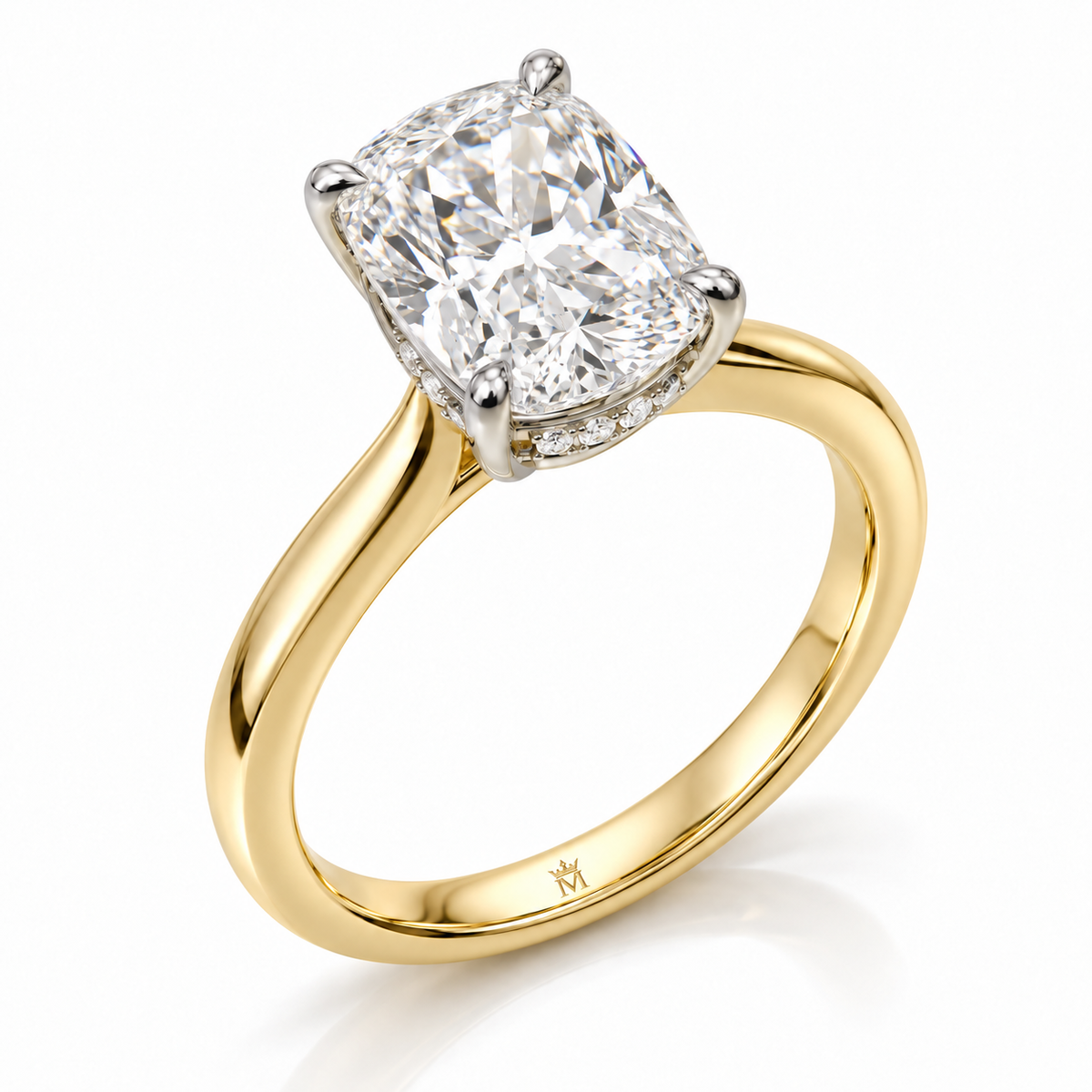 AI-generated design concept: Elongated cushion brilliant ring, Four-prong hidden halo, three-quarter view. Metal appearance is illustrative. Crown-M engraving design is shown inside the lower band; engraving is illustrative.