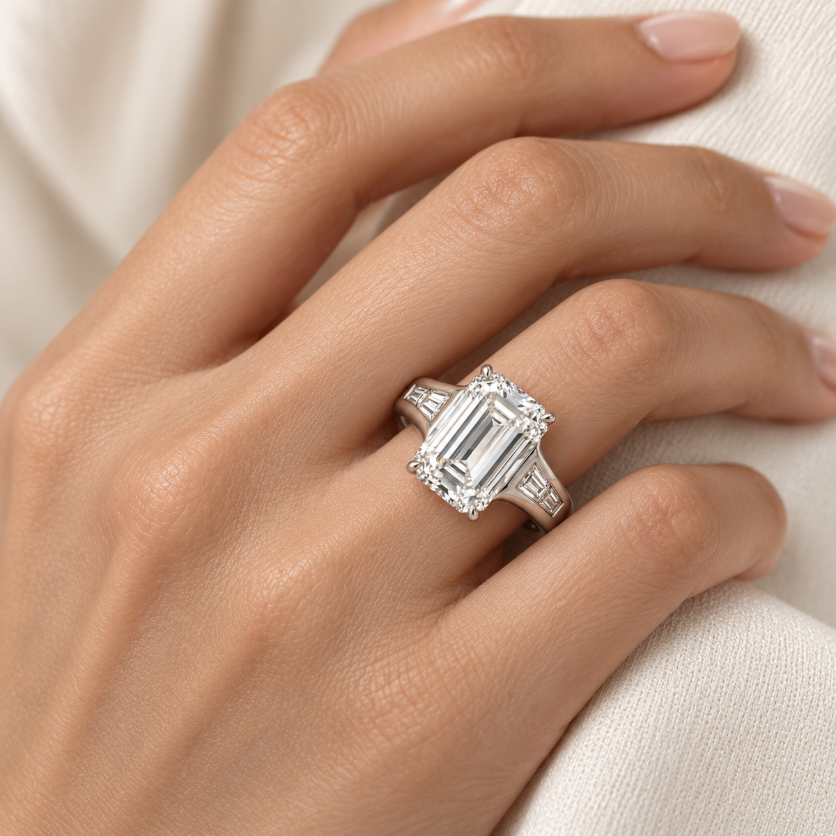 AI design preview of Soft Terrace emerald-cut ring worn on an adult hand; scale illustrative