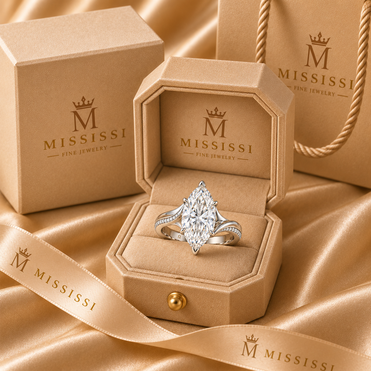 AI design preview of Liquid Crest marquise ring in champagne MISSISSI packaging
