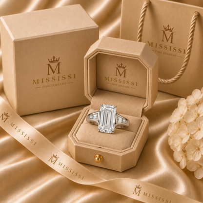 AI design preview of Soft Terrace emerald-cut ring in champagne MISSISSI packaging