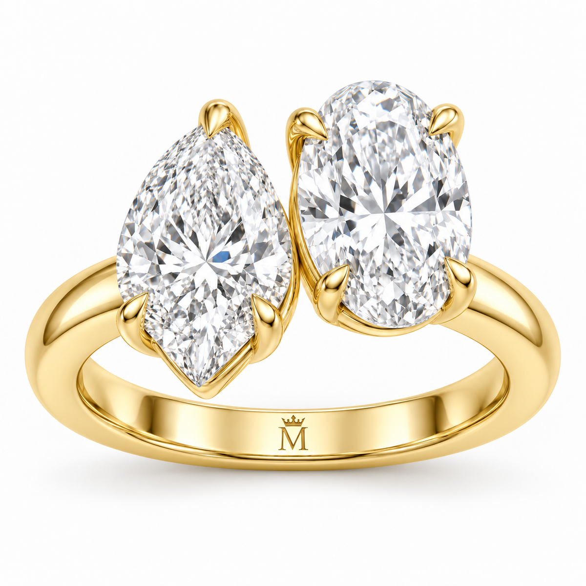 Amour pear and oval Toi et Moi engagement ring in 14K yellow gold, front product view on white.