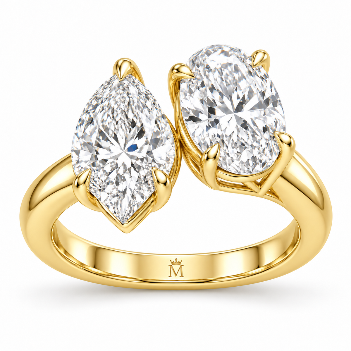 Amour pear and oval Toi et Moi engagement ring in 14K yellow gold, left three-quarter product view on white.