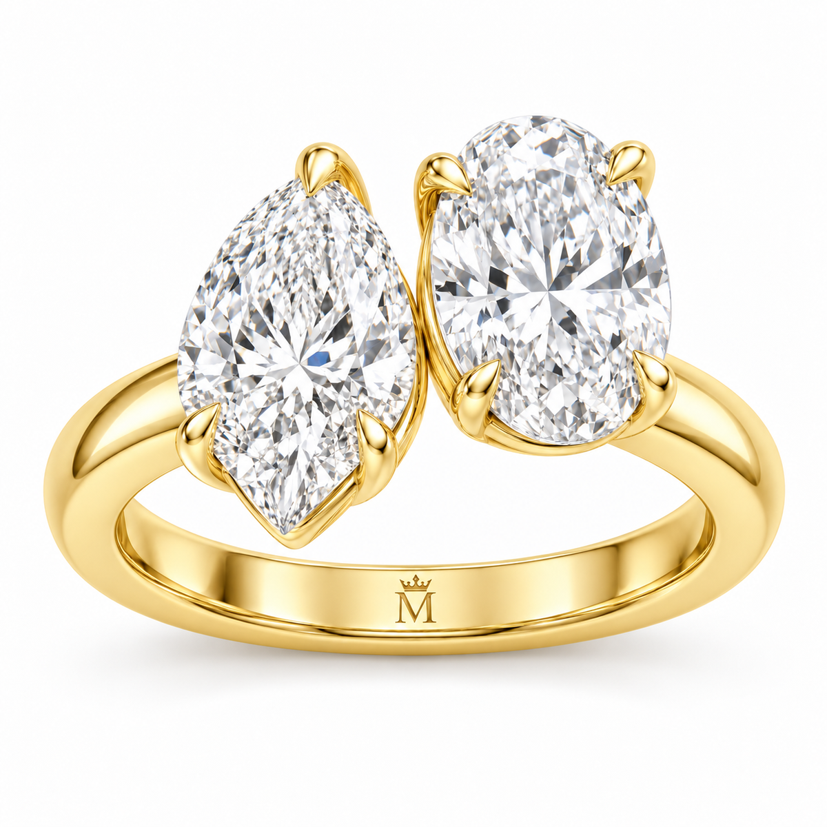 Amour pear and oval Toi et Moi engagement ring in 14K yellow gold, right three-quarter product view on white.