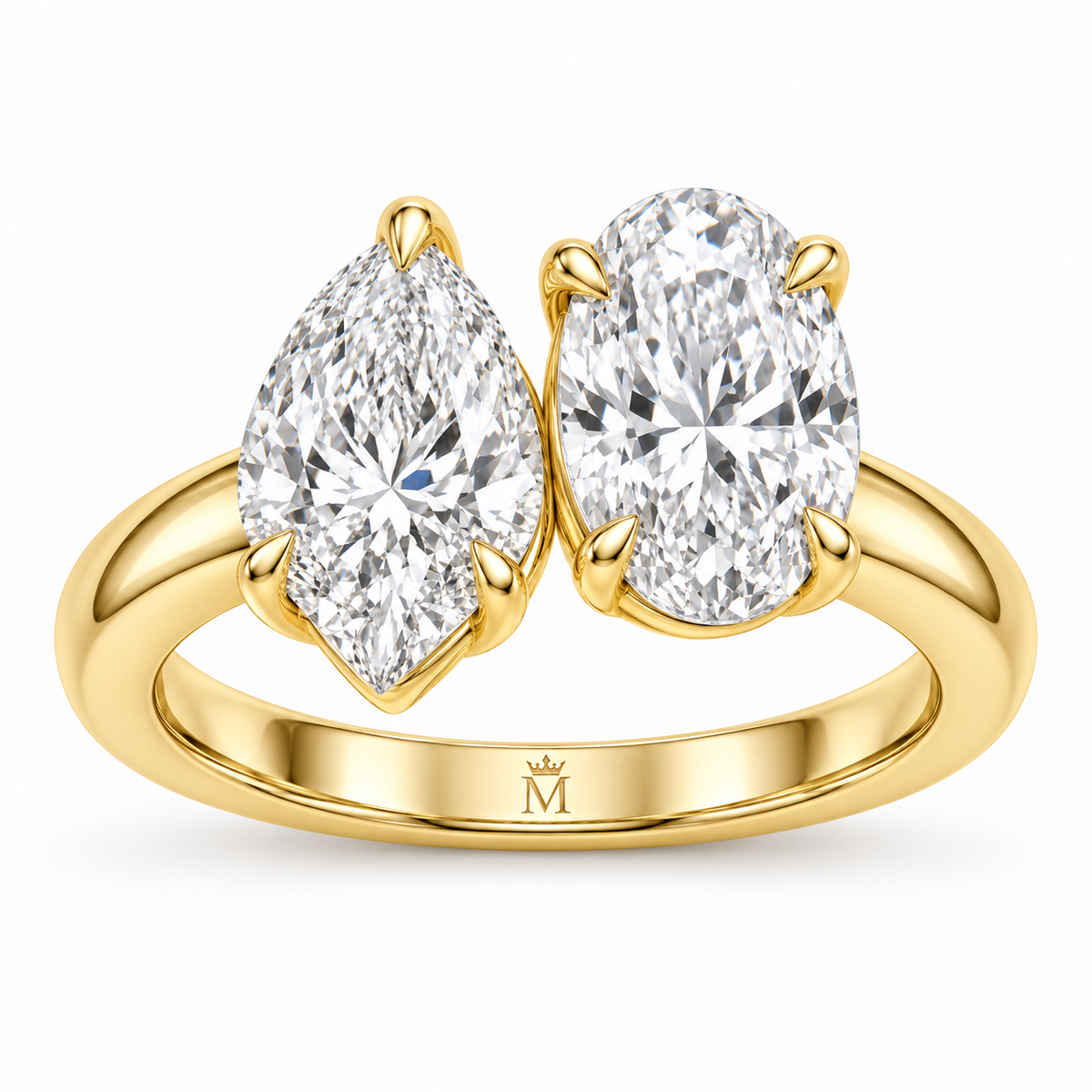 Amour pear and oval Toi et Moi engagement ring in 14K yellow gold, side profile on white.