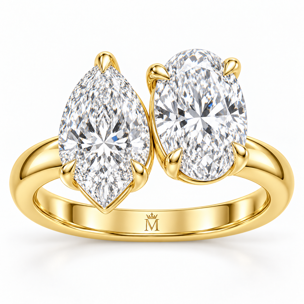 Amour pear and oval Toi et Moi engagement ring in 14K yellow gold, close-up of the diamond setting.