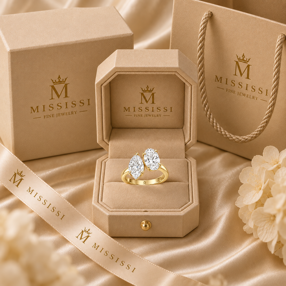 Amour pear and oval Toi et Moi engagement ring in 14K yellow gold, presented in coordinated champagne-beige MISSISSI packaging.