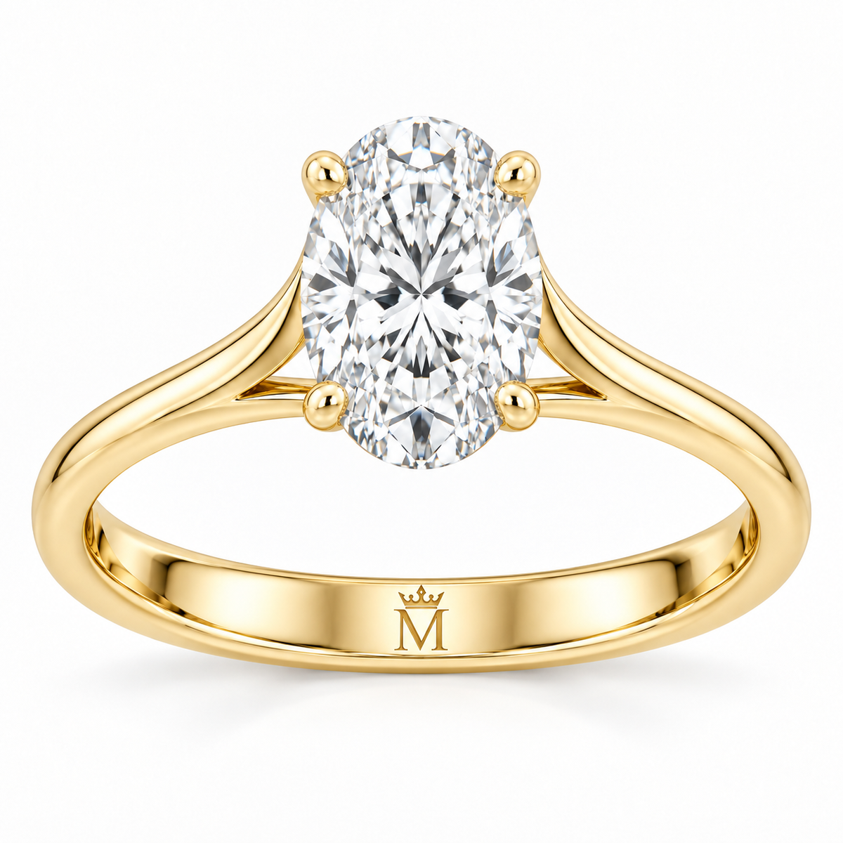 Aurelia oval lab-grown diamond solitaire ring in 14K yellow gold, interior crowned-M hallmark detail.
