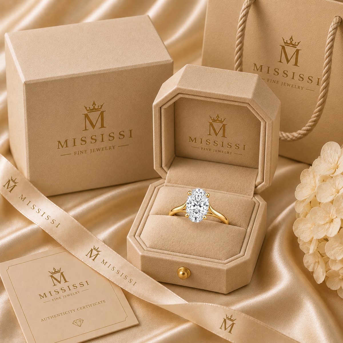 Aurelia oval lab-grown diamond solitaire ring in 14K yellow gold, presented in coordinated champagne-beige MISSISSI packaging.