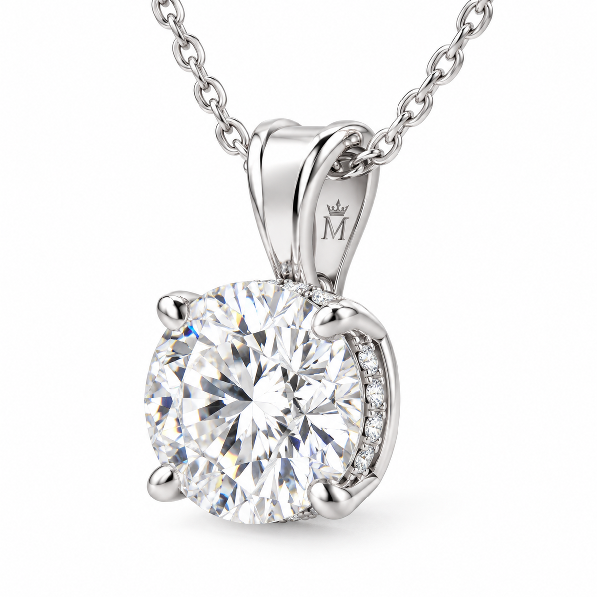 Aveline round diamond pendant necklace in 14K white gold, on a clean white background, front hero view.