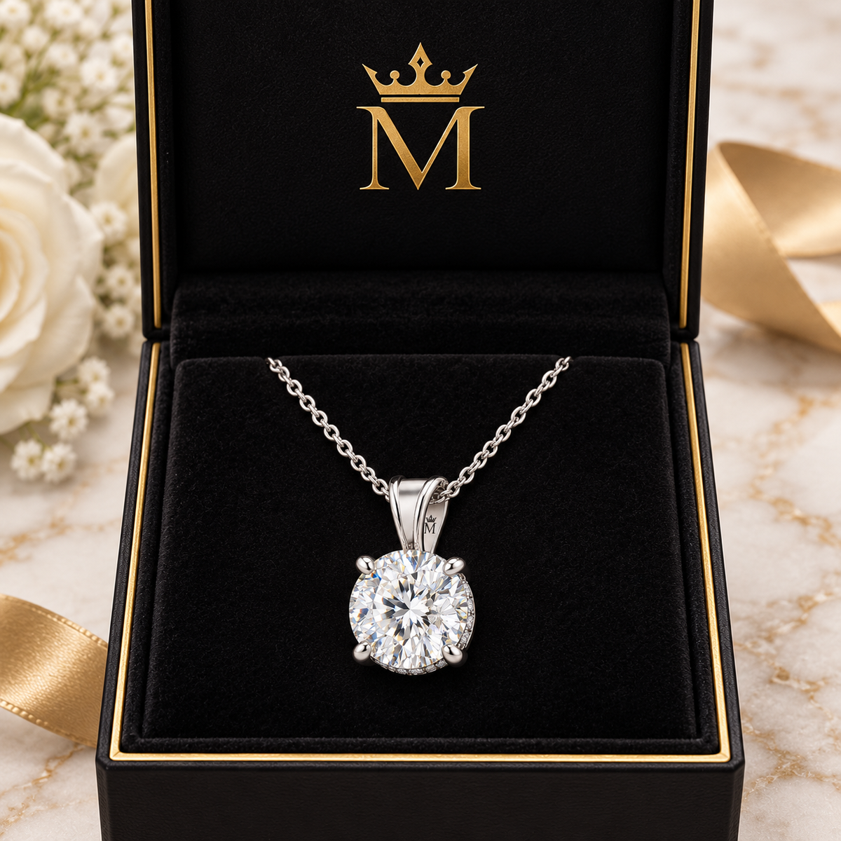 Aveline round diamond pendant necklace in 14K white gold, front product view on white.