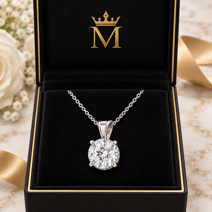Aveline round diamond pendant necklace in 14K white gold, front product view on white.