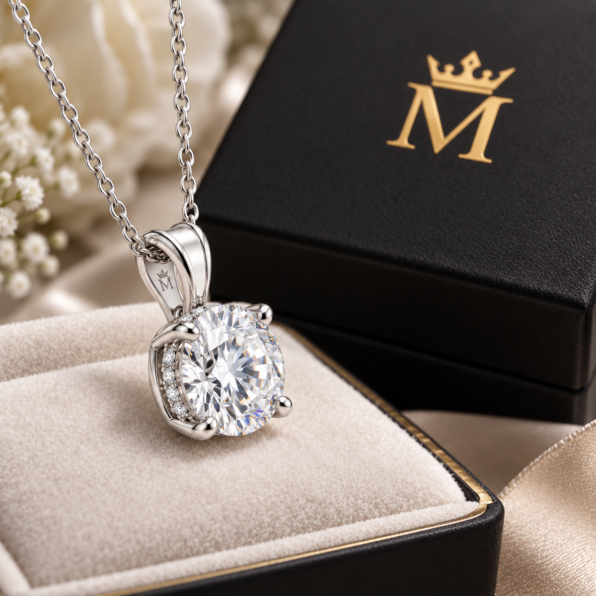Aveline round diamond pendant necklace in 14K white gold, left three-quarter product view on white.
