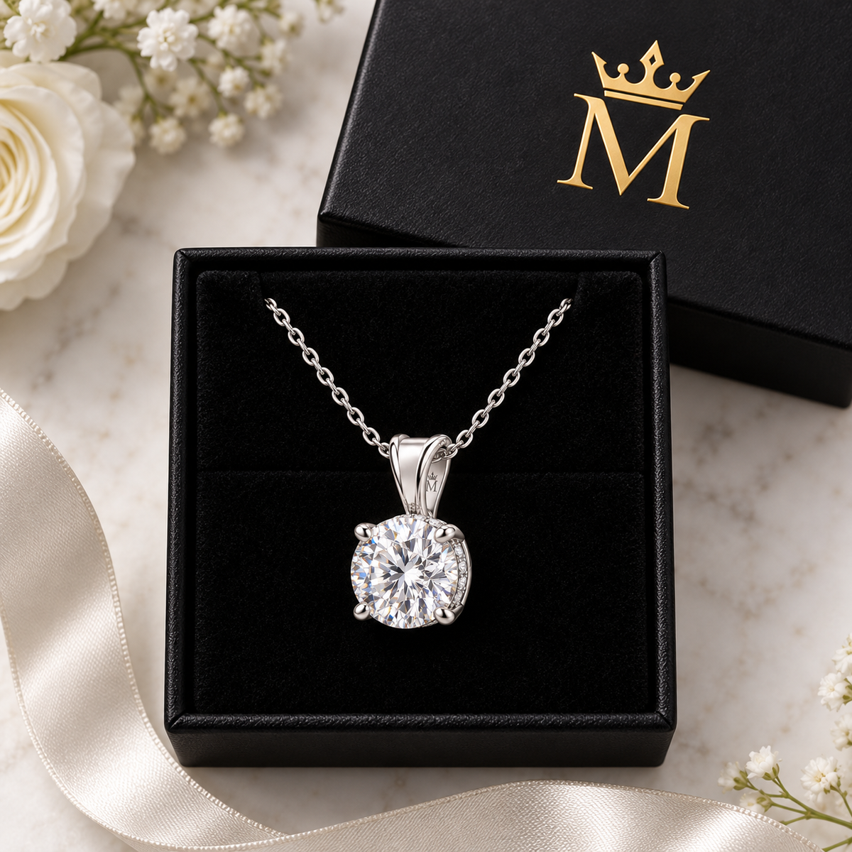 Aveline round diamond pendant necklace in 14K white gold, top-down product view on white.