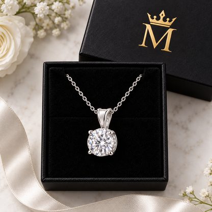 Aveline round diamond pendant necklace in 14K white gold, top-down product view on white.