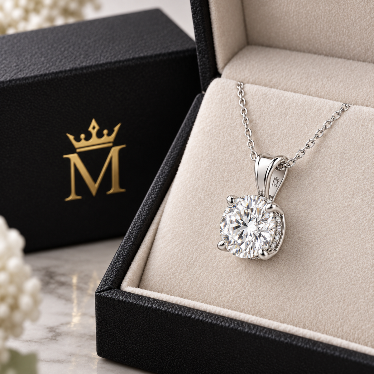 Aveline round diamond pendant necklace in 14K white gold, side profile on white.