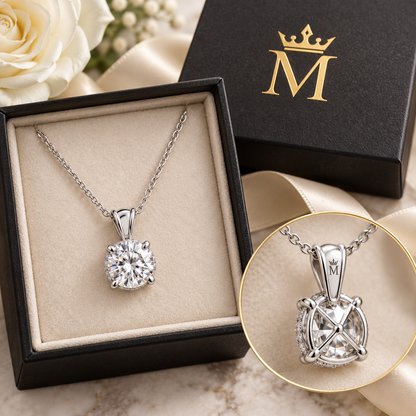 Aveline round diamond pendant necklace in 14K white gold, crowned-M hallmark on the reverse of the bail.
