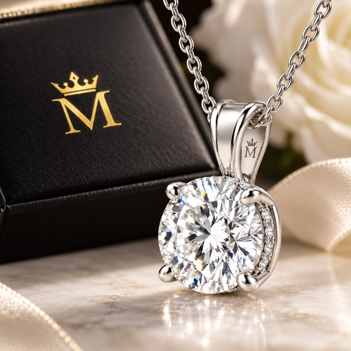 Aveline round diamond pendant necklace in 14K white gold, close-up of the diamond setting.