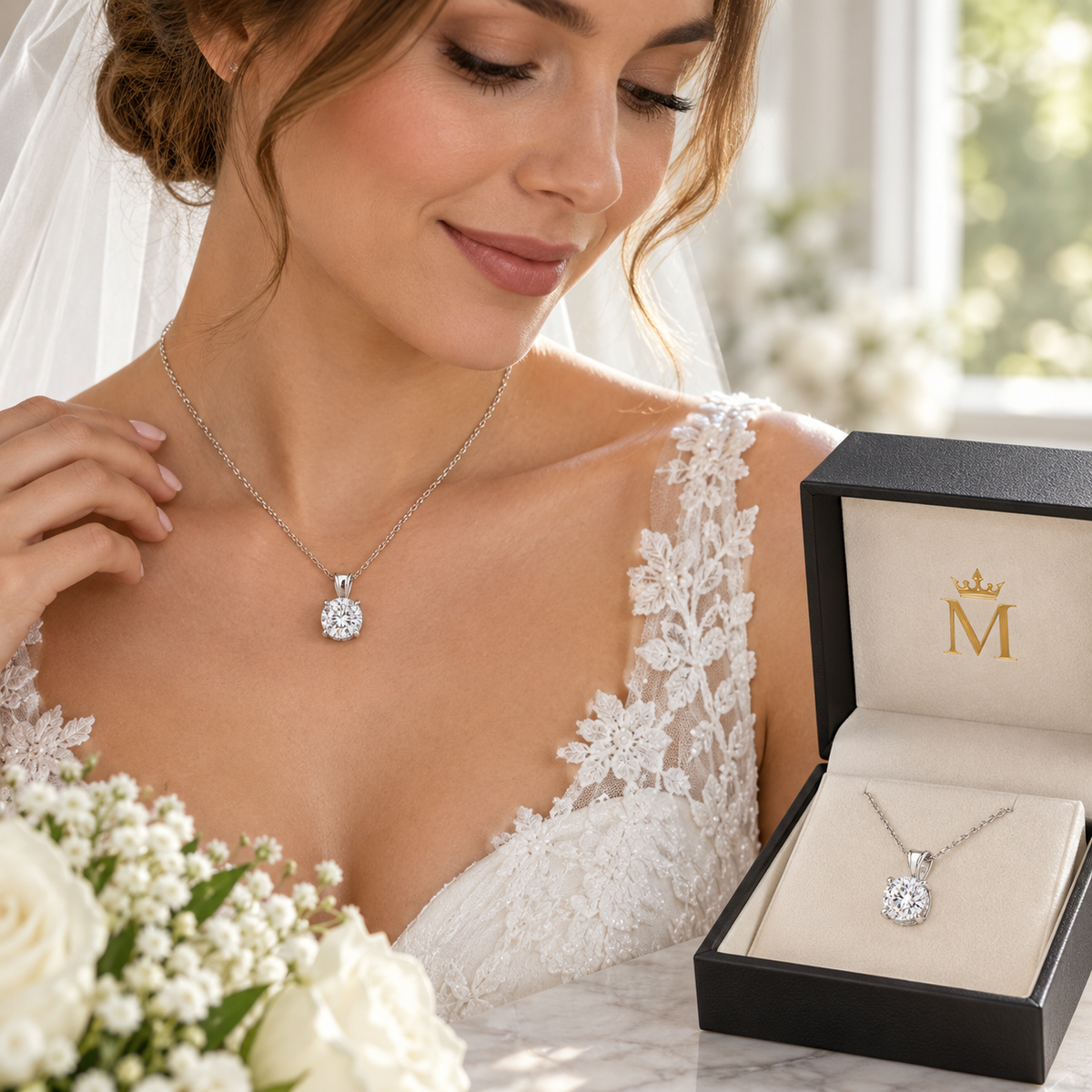 Aveline round diamond pendant necklace in 14K white gold, worn by a model.