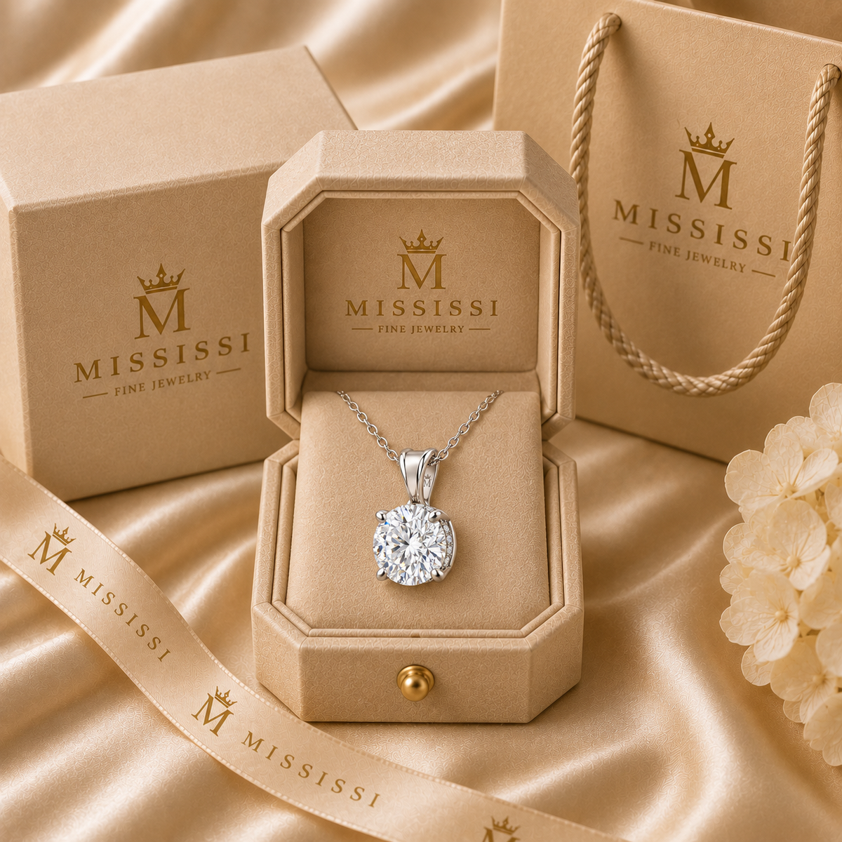 Aveline round diamond pendant necklace in 14K white gold, presented in coordinated champagne-beige MISSISSI packaging.