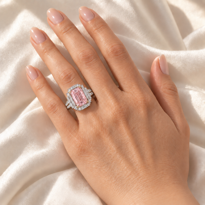 Blush Terraces Pink Emerald-Cut on a left ring finger