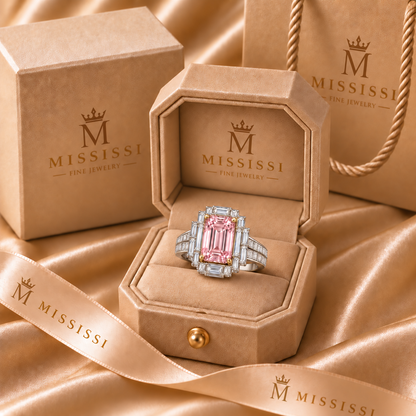 Blush Terraces Pink Emerald-Cut in MISSISSI champagne packaging